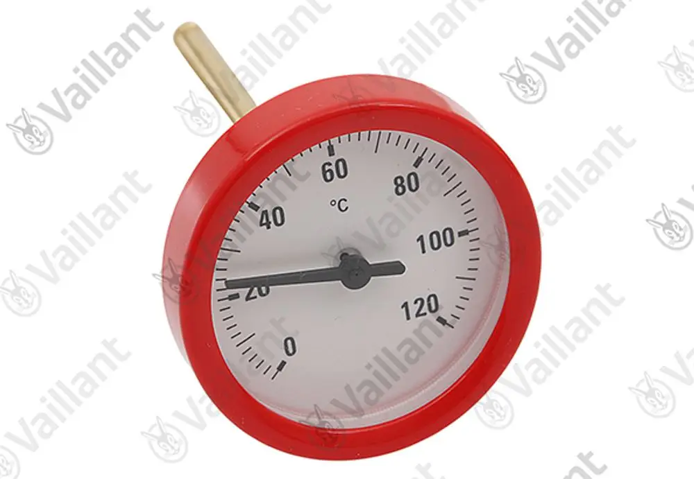 Thermometer mit rotem Gehäuse und Skala bis 120 °C, zur Verwendung im Hydraulikblock von Vaillant Solaranlagen.